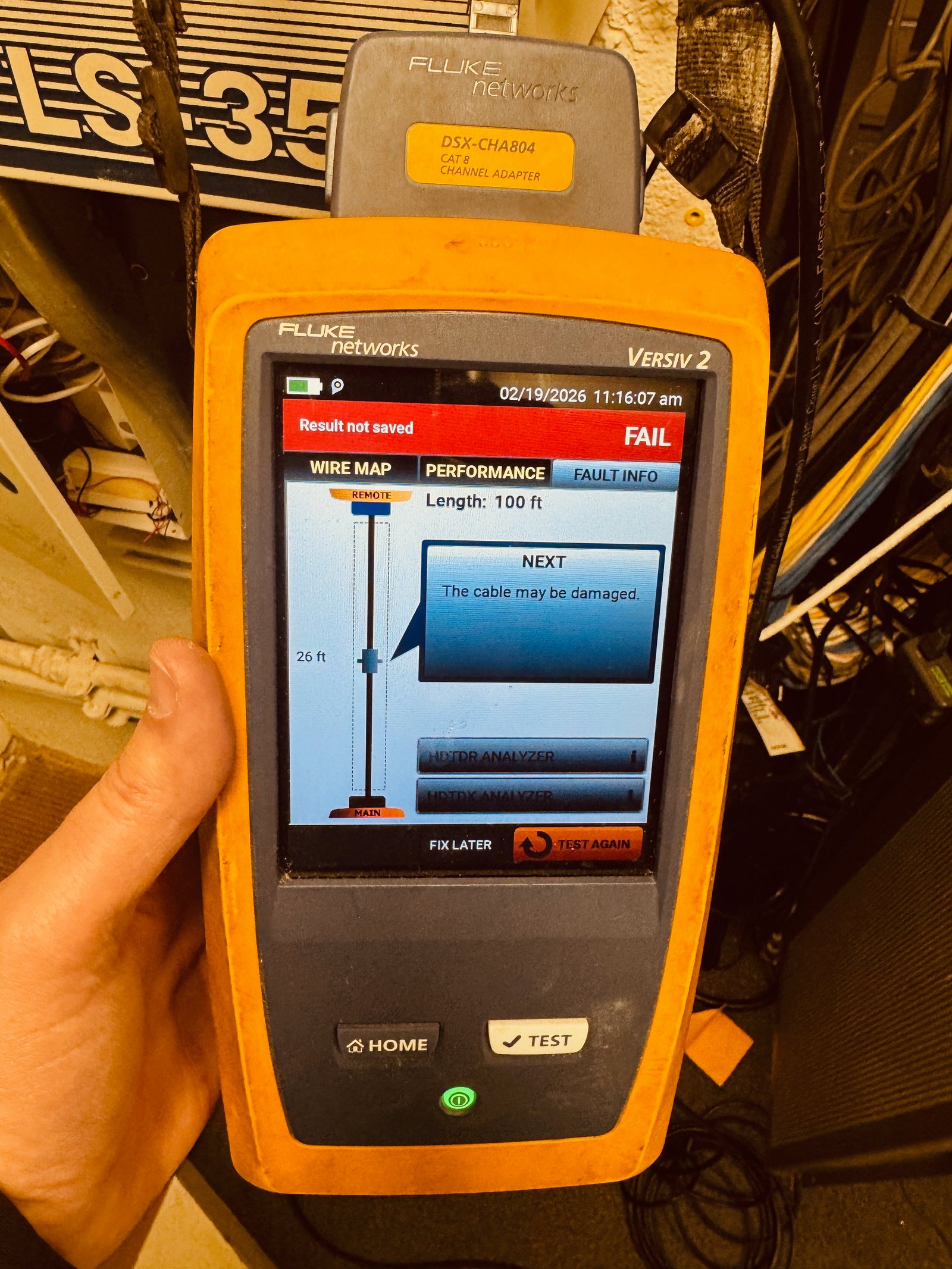 Failed cable certification test result from Fluke tester